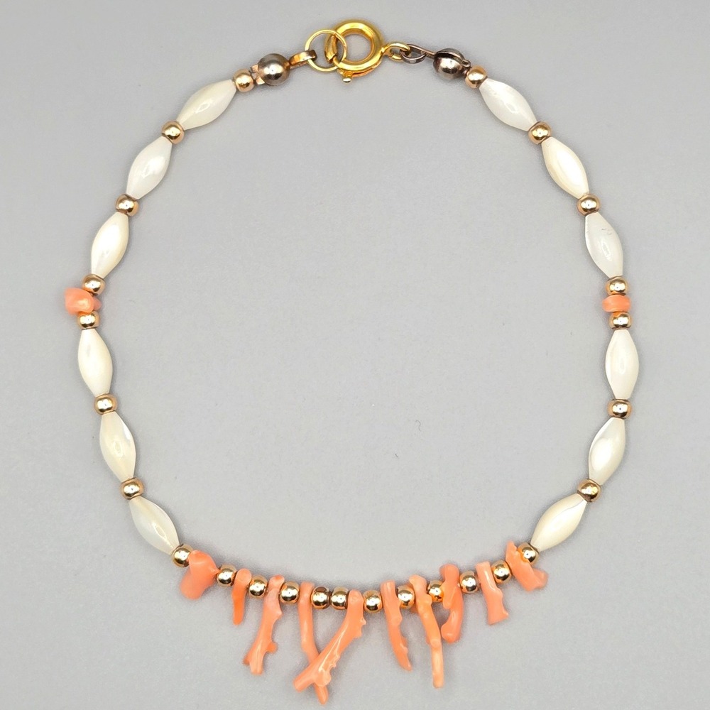 Vintage Salmon Coral Branch Mother of Pearl Rice Bead Bracelet‎ Gold Tone 7.5"